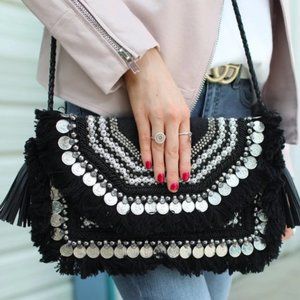 Black and Silver Stevie Tassel Coin Burlap Clutch